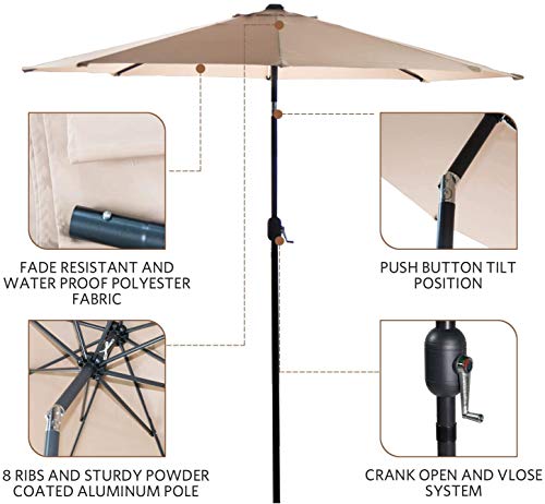 Aoxun 9 Ft Patio Umbrella,Outdoor Umbrella With Crank And 8 Ribs, Polyester Aluminum Alloy Pole Tilt Button Outside Table Umbrella.fade Resistant Water Proof Patio Table Umbrella(Sandy) #TOP4