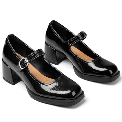Oiamenne Mary Janes for Women Platform Chunky Heels Comfortable Square Toe Block Heels Dress Wedding Shoes