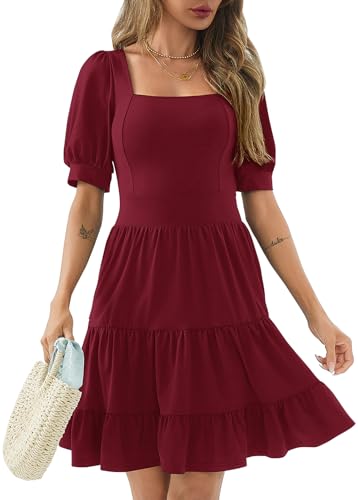 Image of Women's Square Neck A-Line Summer Dress Puff Sleeve Flared Swing High Waist Smocked Flowy Midi Casual Dress for Office /Party Burgundy