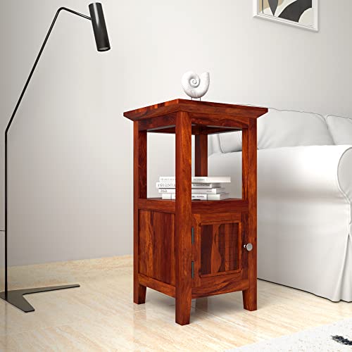 Image of STRATA FURNITURE Solid Sheesham Wood Kemfert Side Table with 1 Door Compartment | Space-Saving Wooden Bedside Table Furniture | Nightstand for Living Room Home (Honey Finish)