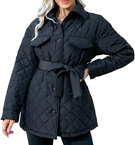 TPWTP Women’s Casual Diamond Quilted Jacket Coat Lightweight Lapel Belted Button Down Fall Winter Outerwear with Pockets