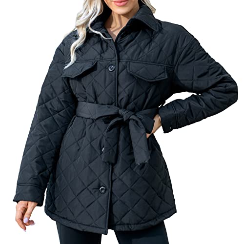 Tpwtp Women’s Casual Diamond Quilted Jacket Coat Lightweight Lapel Belted Button Down Fall Winter Outerwear With Pockets #TOP20