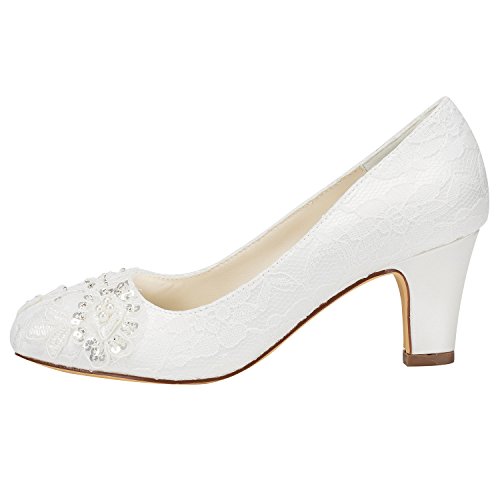 Emily Bridal Wedding Shoes Women's Satin Chunky Heel Closed Toe with Sequin Stitching Lace2