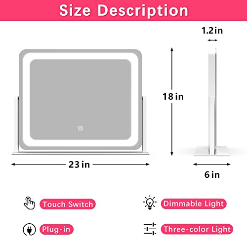 Rolove Vanity Mirror Makeup Mirror With Lights, Large Lighted Vanity Mirror, Light Up Mirror With Smart Touch 3 Colors Dimmable, Tabletop Mirror For Makeup Desk, 360° Rotation, 22" X 19", White #TOP3