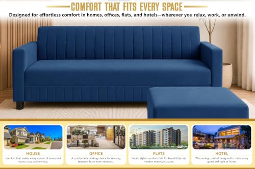 Image of 3 Seater Velvet Sofa with Ottoman | Modern Upholstered Couch | Comfortable Living Room Sofa | Durable & Stylish Seating for Home, Office & Guest Room - Blue Color