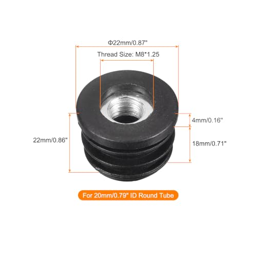 Image of uxcell 8Pcs Inserts for Round Tubes with M8 Thread, for 22mm /0.87 inch OD, Black Plastic Plug Caster Insert Chair End Caps Furniture Leg Plug
