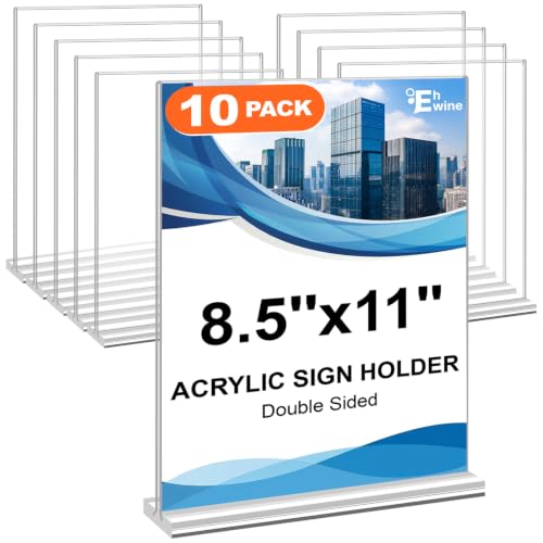 EHWINE Acrylic Sign Holder 8.5 x 11 10 Pack Double-Sided Stand up Table Top Sign Holders Clear Acrylic Picture Frame Menu Flyer Paper Holder Display Stand for Office Business Store Wedding Party
