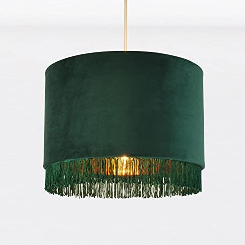firstchoicelighting Green Velvet Easy Fit Ceiling Light Shade, 30cm Pendant Shade with Tassel Detail, Gold Inner