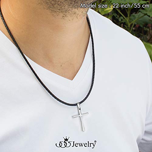 555Jewelry Stainless Steel Metal Cross Braided Rope Cord Unisex Women Men Religious Christian Prayer Vintage Fashion Jewelry Pendant Hanging Necklace, Silver & Black 18 Inch #TOP2