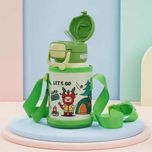 Image of BAYBEE Hydro 2-in-1 Steel Sipper Water Bottle for Kids with Straw | BPA Free Baby Drinking Sippy Cups with Adjustable Carry Strap | Leak-Proof Spill-Lock Baby Sipper Bottle for Kids (Green)