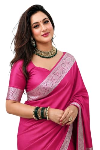 Image of Women's Glory Banarasi Satin Kanjivaram Saree Silver Zari Border Pure Soft Blend Silk Sari Kanchipuram Paithani Silk Party Wedding Festive New Ladies Sadi with Unstiched Blouse Piece.
