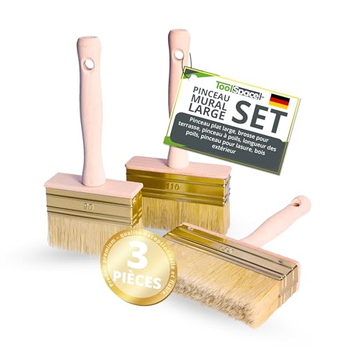 ToolSpace 3 Pièce Pinceau 90/110/130mm Brosse en Bois pour Lasure Badigeon Chauler de la Peinture à la Chaux Spalter Large avec Poil Naturel pour Application Terrasse Mur Enduit Murale à Effet Papier