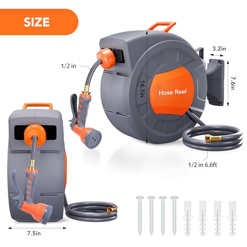 Garvee Retractable Garden Hose Reel - 1/2 in x 72 Ft, Wall Mounted, 9-Function Sprayer, Any Length Lock, 180° Swivel, Automatic Rewind & Slow Return System by Garvee - Used condition - Image 6