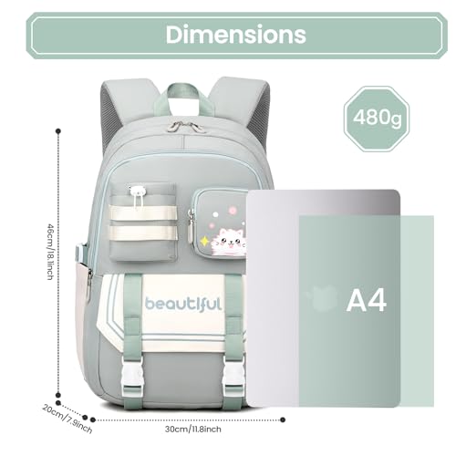 IvyH School Backpack for Girls - Kids Backpack with 3 Cute Badges, 28L Large Capacity Daypack & Travel Rucksack, Waterproof School Bags Ideal for Girls Boys Ages 9 10-16, Green - Image 5