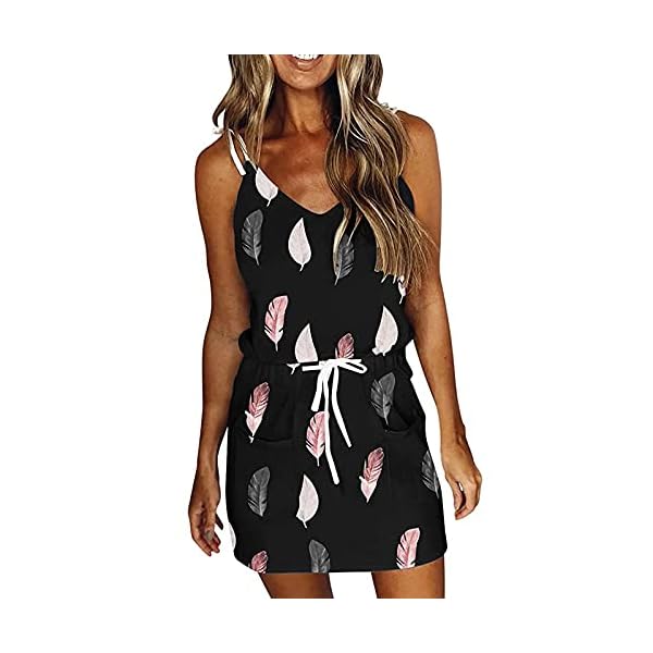 Womens Summer Dresses Casual Sleeveless Dresses Sexy V Neck Sun Dresses Feather Print Dresses with Pockets, Black, Large