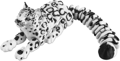 LONGHUMO 3D-Printed Articulated Animal, 8.3 inches (Approx. 21 cm), Black-and-White Spotted Design 3D-Printed Animal Desktop Decoration, Articulated Snow Leopard Figurine (Snow Leopard)