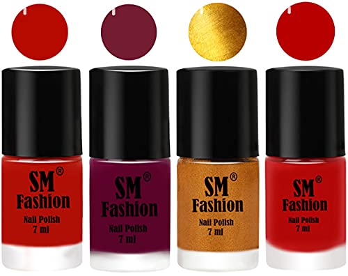 Image of Nail Polish Combo Set (Pack of 4) Quick Dry Gel Finish Nail Paint | Red Orange,Mulberry,Golden,Red | 7 ml Each