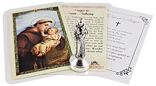 Mini St Anthony Statue Metal (2 Inch) Saint Anthony Laminated Prayer Card, The Lord's Prayer Card | Saint Anthony Padua Figurine | Magnetic Sticky Statue Base for Car Dash or Flat Surfaces, 3 Items