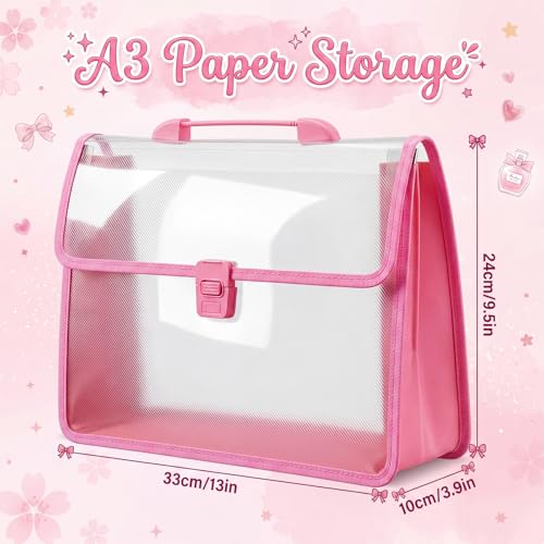 Qeeenar 1 Pcs A4 Pink File Organizer Bag with 18 Pack Morandi Manila File Folders, Double Layer Document Storage Pouch with Handle and Labels, Plastic Office Paper Filing System - Image 2
