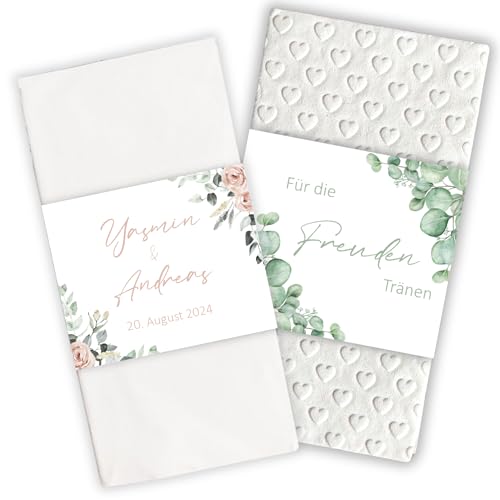 Generisch Freudentränen Taschentücher Hochzeit – 25/50/75/100 Stück – Geprägte Taschentücher & Banderolen, auch personalisiert mit Namen & Datum – Rosa, Eukalyptus, Gold – Für die Freudentränen
