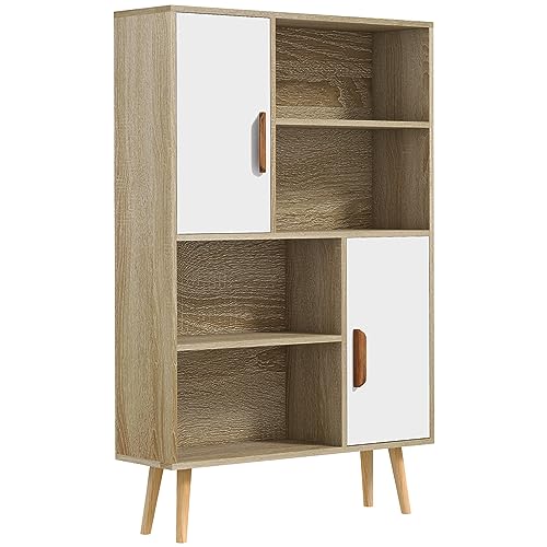 HOMCOM - HOMCOM Bibliothèque scandinave 4 niches + 2 placards avec étagère dim. 80L x 24l x 123H cm Pieds effilés inclinés Bois Massif Chêne