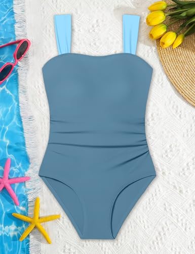 Image of CRISONE Girl Swimsuit One Piece Bathing Suit for Girls Retro Square Neck Adjustable Straps Girls' Swimwear 9-16Y