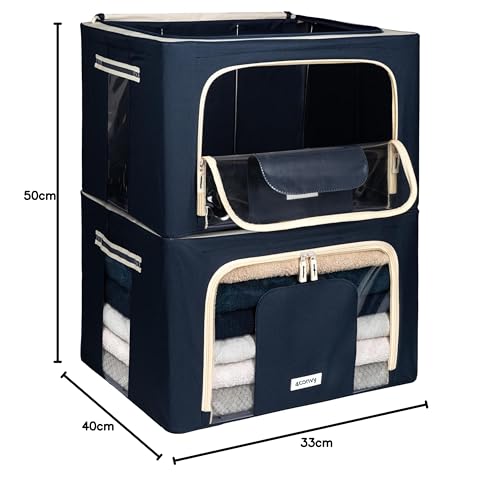 Image of 4CONVY Foldable Clothes Storage Boxes with Steel Frame - Stackable Storage Bags with Zipper - Collapsible Wardrobe Organiser for Clothes, Bedding with Clear Window & Durable Handles - 2x66L