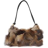 Fosrion Genuine Fox Fur Hobo Bag with Leather Strap, Natural Multi-Color Fur, Ethically Sourced 15-inch Luxury Handbag (Natural Brown Blend​​)