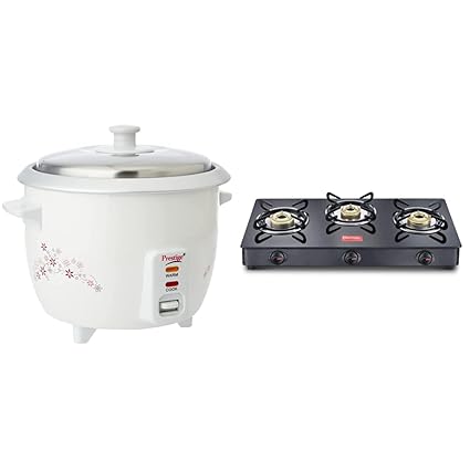 Prestige Delight PRWO 1-Litre Electric Rice Cooker (White) + Prestige IRIS LPG Gas Stove, 3 Burner, Black