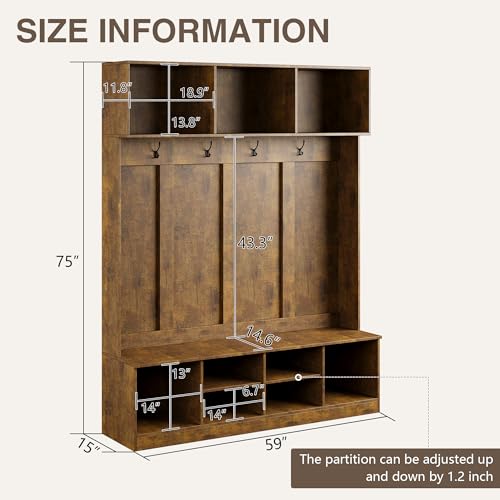 HAOBO Home Hall Tree with Bench and Shoe Storage, Entryway Bench with Coat Rack, Adjustable Shoe Cubbies, Open Shelves and Hanging Hooks, Mudroom Hallway Storage Cabinet