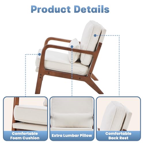 DUMOS Mid Century Modern Chair Set of 2, Accent Chair with Arms and Waist Cushion, Reading Chairs for Adults, Lounge Chair for Living Room and Bedroom, Solid Wooden Frame, Beige by DUMOS - Image 4