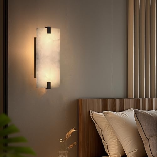 Image of 2 Pack 2 Light 12.7 inch Oval Natural Oval Alabaster Bathroom Wall Sconce Modern Concise Style Wall Light Fixture,Black Finish for Bedroom Hallway Bedside Living Room