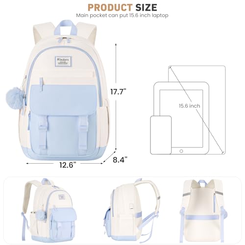 Image of WINDARS School Backpack for Teen Girls, Cute College Backpacks for Women Students Aesthetic Bookbag Large 15.6 Inch Laptop Bag Middle School Travel Back Pack (Blue Beige)