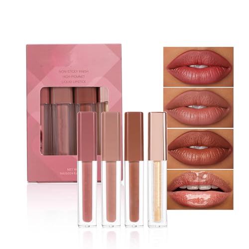 Easilydays 4PCS Matte Lip Gloss Set, Matte & Pearlescent Finish, Shiny Lip Glow Oil, Long-Lasting Hydrating Lipstick, Non-Sticky, High-Pigment Formula for All-Day Wear, Shimmer & Velvet Effect Set C
