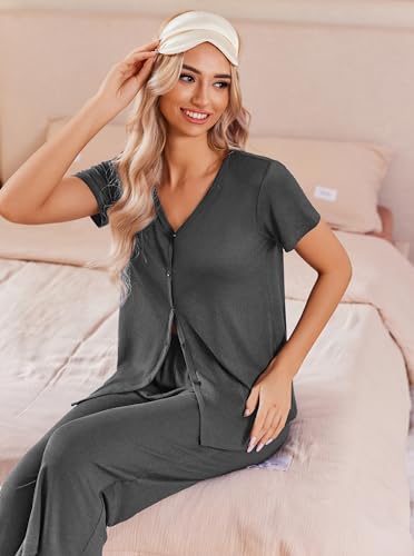 Image of Ekouaer Women's Pajama Sets Short Sleeve Sleepwear Button Up Pj Loungewear Top and Capri Pants with Pockets