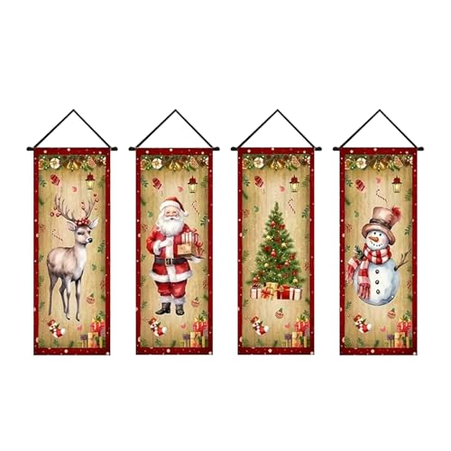 クリスマスバナー4点セット、クリスマスドア飾り、お祭り気分をテーマにした壁掛け絵画、サンタ&雪だるま&トナカイの壁掛けバナー、ホームパーティー用 壁・部屋・窓・屋外・屋内・庭