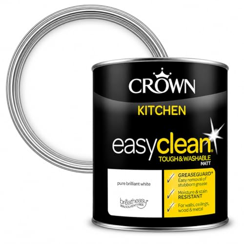 Image of Crown Kitchen Matt Emulsion Paint 1L – Pure Brilliant White | Grease & Moisture Resistant, Washable Finish for Kitchen Walls