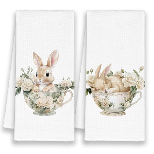 Xmsaitar Cute Rabbit Bunny Easter Kitchen Towels Set of 2, Funny Floral Tea Cup Hand Towels Gifts for Bathroom Rabbit Lovers, Vintage Cottagecore Tea Dish Towel Decor for Dorm Home 16x24in