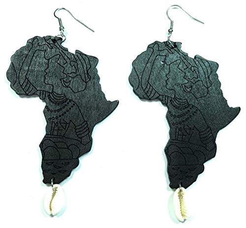 African Nubian Afrocentric Africa Map Cowrie Shell Bohemian Style Summer Fashion Women Girls Long Dangle Earrings (Black) #TOP7