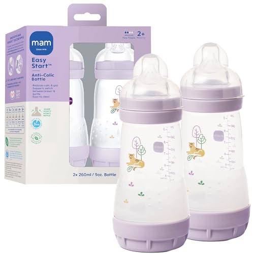 Image of MAM 9oz Easy Start Anti-Colic Wide Neck Vented Baby Bottle, Medium Flow Breastfeeding-Like Nipple, Reduces Colic Gas & Reflux, Easy to Clean, BPA Free, 2+ Months, Made in Europe, 2 Pk, Purple