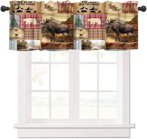 wlsgdsg Rustic Hunting Elk Valance Vintage Rustic Brown Plaid Forest Hunting Lodge Mountain Range Elk Bear Animal Window Treatment Valances Curtains for Living Room Bedroom 54x18in 1P