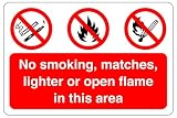 Non fumare, fiammiferi, accendini o fiamme libere in quest'area: segnaletica di sicurezza - Adesivo autoadesivo ad alta aderenza (150 mm x 100 mm) Distanza di visualizzazione entro 3 m.