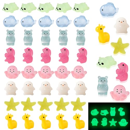 Delsen 48 peças mini animais de resina luminosa, mini resina luminosa para jardim casa de bonecas decoração artesanal ornamento de aquário decoração, minifiguras luminosas