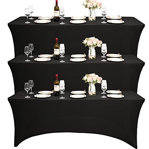 3piezas de 6pies de Spandex Negro para Mesa, Mantel elástico de Spandex, Mantel de cóctel Rectangular, Ropa de Mesa Negra Ajustada Antiarrugas Lavable para Bodas Fiestas de cumpleaños(Negro)