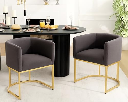 Image of HNY Mid Century Modern Upholstered Barrel Dining Chairs with Arms Set of 2, Linen Kitchen & Dining Room Chairs, 18.5 inch Wide Accent Chairs for Dining Room Living Room with Gold Metal Frame, Charcoal