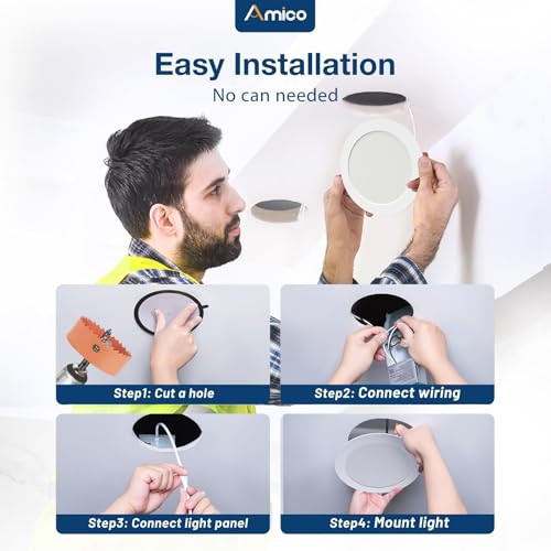 Amico 6 Pack 7 Inch 5CCT Ultra-Thin LED Canless Recessed Ceiling Light with Junction Box, 2700K/3000K/3500K/4000K/5000K Selectable, 15W=100W, 1300LM High Brightness, Dimmable Wafer Downlight-ETL&FCC by Amico - Image 7