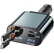 TICCI Retractable Car Charger [60W USB C with Cables] 4-in-1 Retractable Car Charger Fast Charging for iPhone 16, 15, 14, 13, 12 Series, USB-C, Android