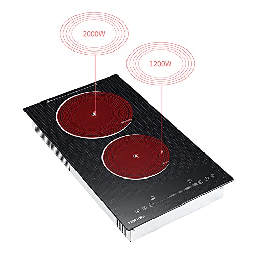Electric Cooktop,Hbhob 2 Burner Cooktop Stove Top 12 Inch Built In Countertop, Radiant Glass Cooktop Infrared Cooker,Sensor Touch Control 9 Heating Level, Timer, Kid Safety Lock, Wiring Black #TOP3