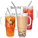 33oz Glass Tumbler with Lid and Straw, 4 Pack Glass Cup with Handle, Iced Coffee Cups, Thick Drinking Glasses Set, Clear Travel Mug for Hot and Cold Beverage, Drinks, Tea, Smoothie