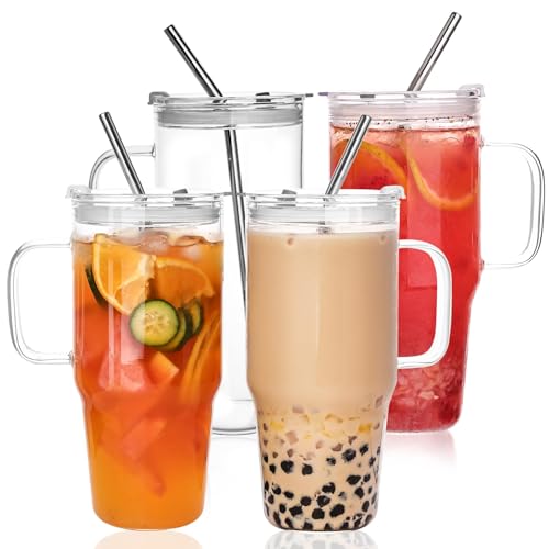 33oz Glass Tumbler with Lid and Straw, 4 Pack Glass Cup with Handle, Iced Coffee Cups, Thick Drinking Glasses Set, Clear Travel Mug for Hot and Cold Beverage, Drinks, Tea, Smoothie
